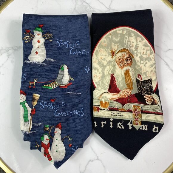 Christmas Season Greetings Men's Silk Tie Set of 2 Blue Black Santa Penguin Snow - Picture 1 of 6